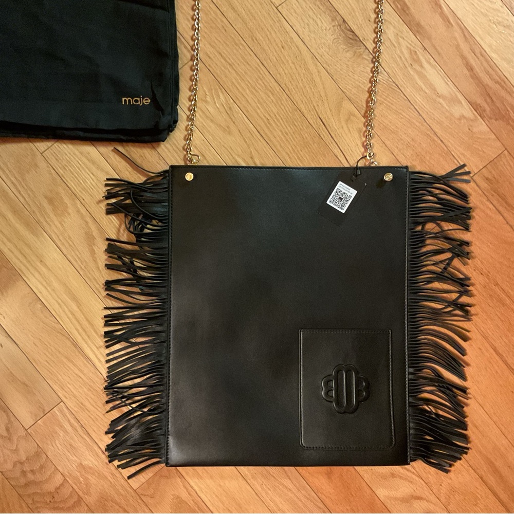 New - Maje flat black leather fringe crossbody bag